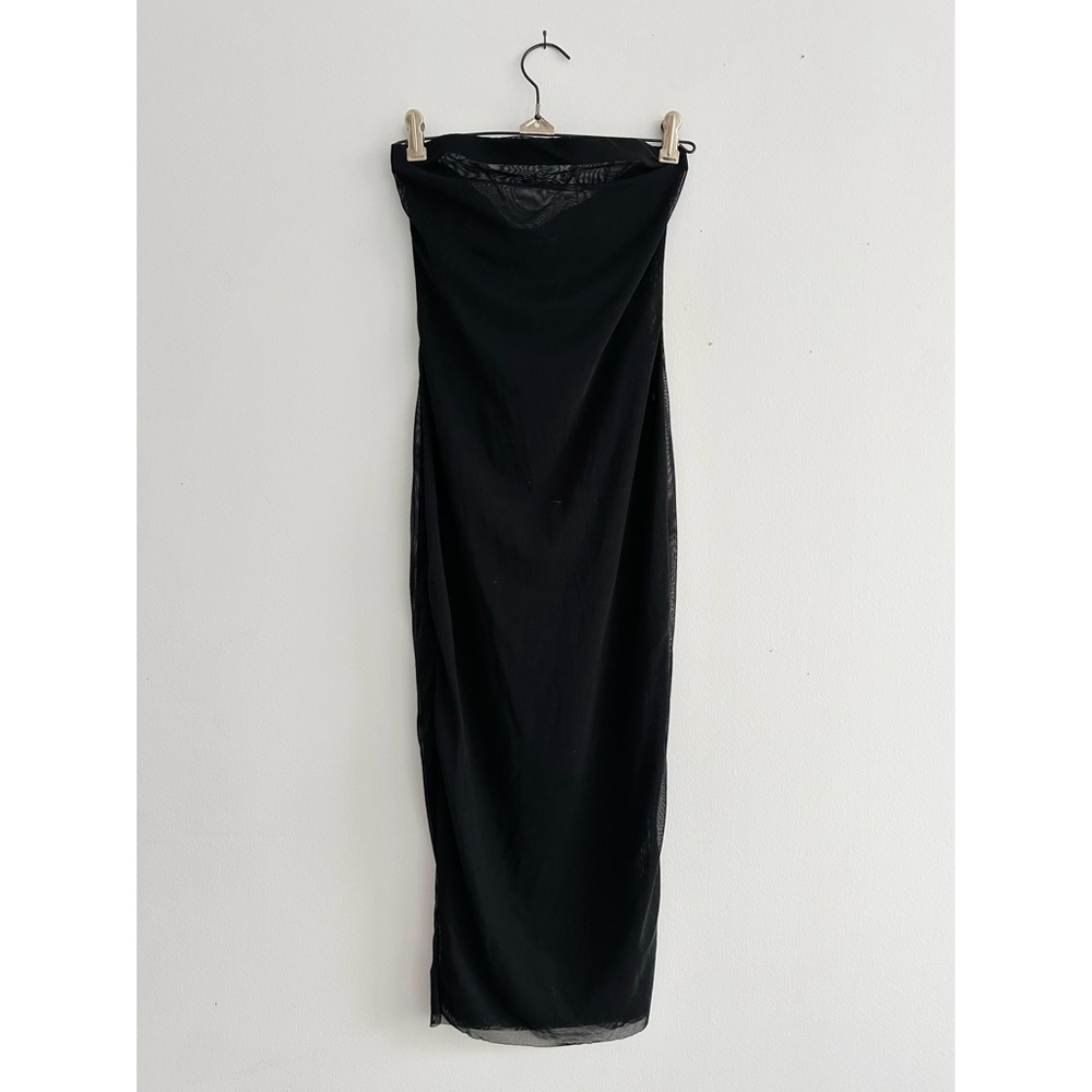 Louisa Ballou Black Tube Mesh Midi Bodycon Dress Strapless Size Small
